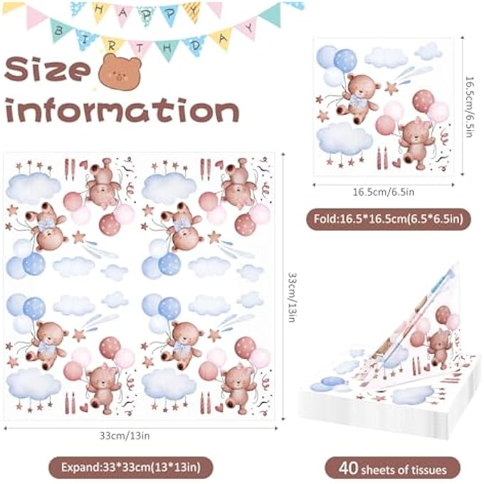 PACK OF 40 NAPKINS BIRTHDAY, BABY BEAR NAPKINS, BABY SHOWER, 33 X 33 CM NAPKINS, BLUE, FOR TABLE DECORATION, BIRTHDAY, THEME PARTY, MAN WOMAN 1ST BIRTHDAY GIRL DECORATION PARTY - Image 5